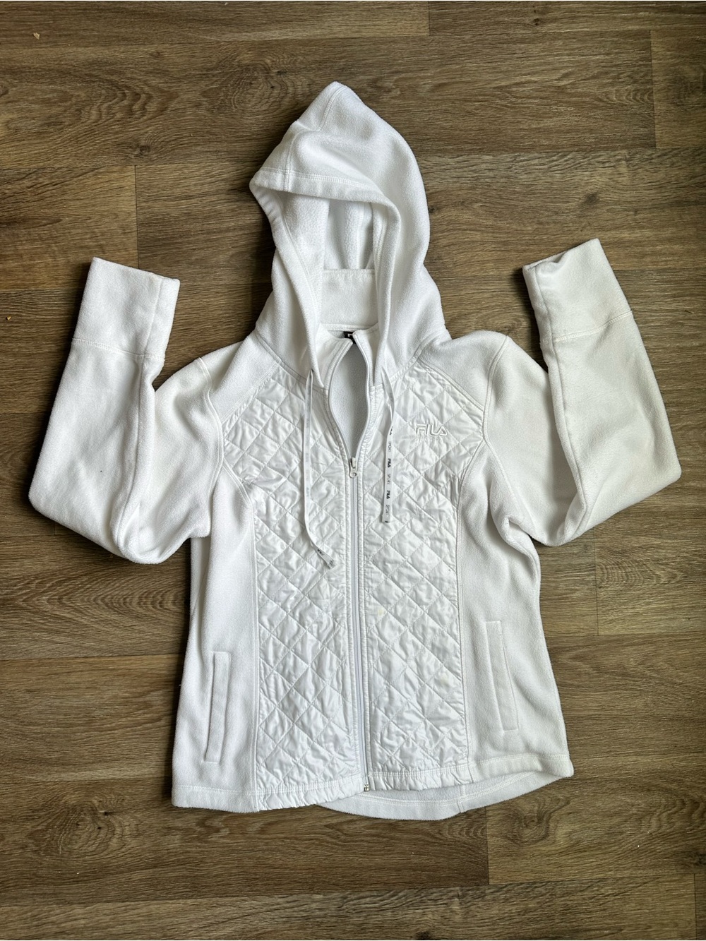 FILA Sport White Quilted Full Zip Hoodie Jacket‎ Women’s Size L Lightweight Coat